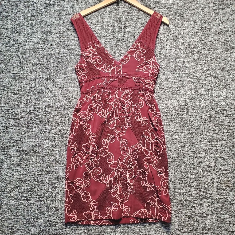 Moulinette Soeurs Anthropologie Dress Womens 2 Burgundy Floral Embroidered Lace